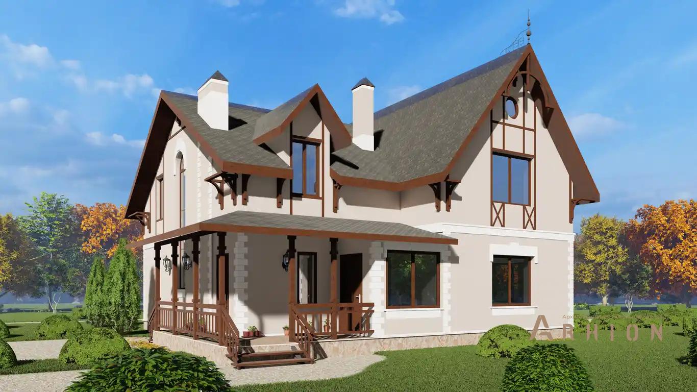 6. Проект одноэтажного дома в английском стиле с многоскатной кровлей, H-051, площадью - 204 кв c мансардой, балконом, эркером