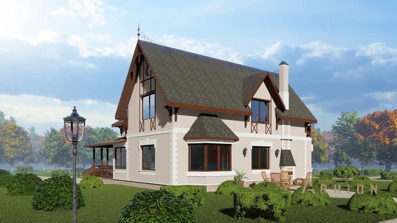 7. Проект одноэтажного дома в английском стиле с многоскатной кровлей, H-051, площадью - 204 кв c мансардой, балконом, эркером