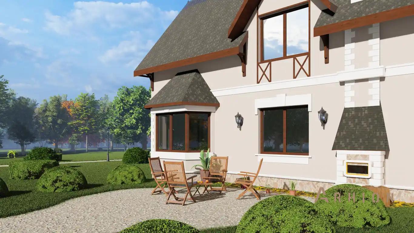 5. Проект одноэтажного дома в английском стиле с многоскатной кровлей, H-051, площадью - 204 кв c мансардой, балконом, эркером