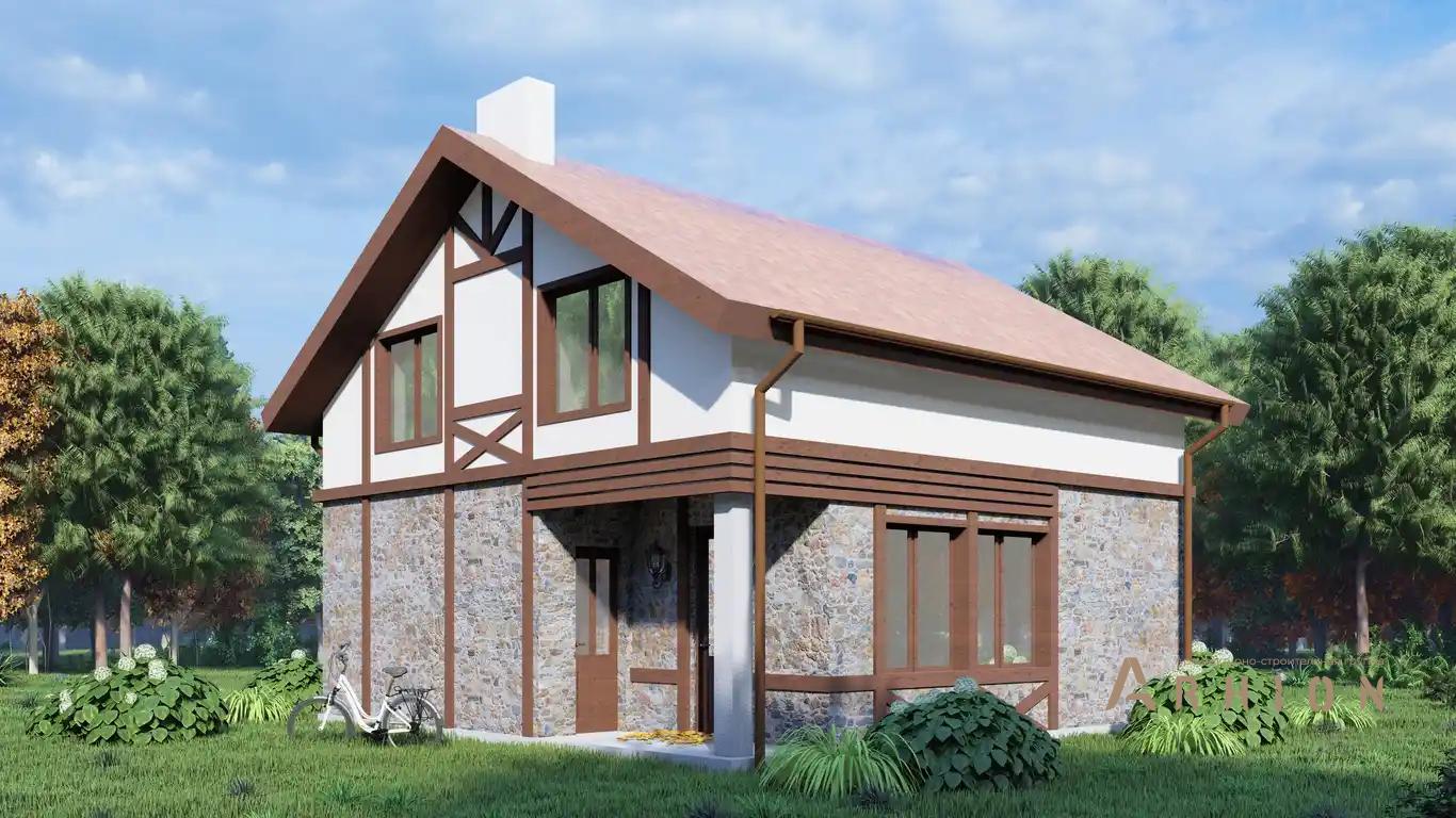 1. Проект одноэтажного дома в немецком стиле с двускатной кровлей, H-056, площадью - 90 кв c мансардой, сауной, терассой