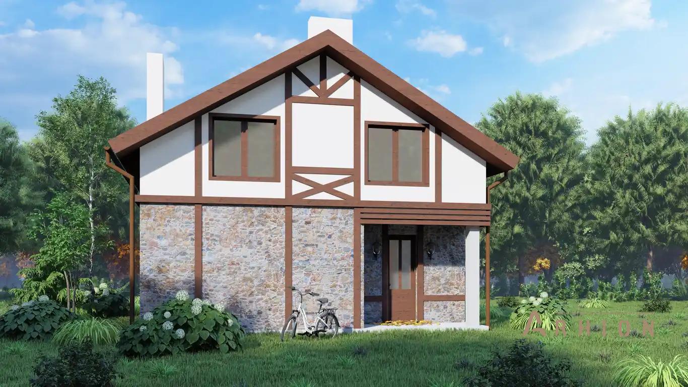 8. Проект одноэтажного дома в немецком стиле с двускатной кровлей, H-056, площадью - 90 кв c мансардой, сауной, терассой