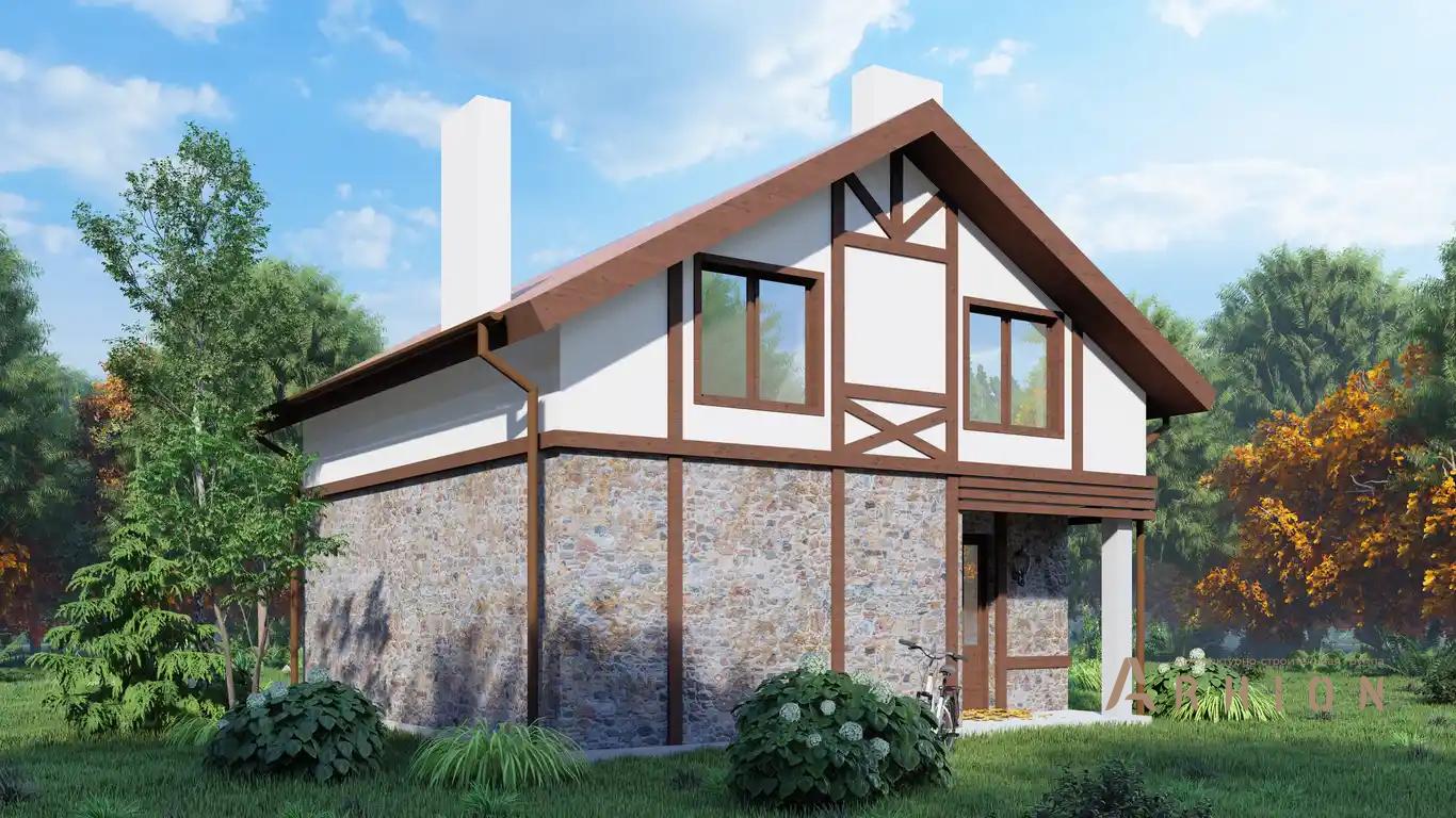 6. Проект одноэтажного дома в немецком стиле с двускатной кровлей, H-056, площадью - 90 кв c мансардой, сауной, терассой