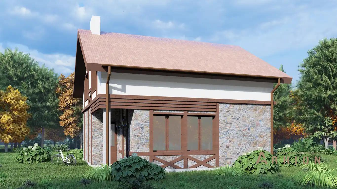 7. Проект одноэтажного дома в немецком стиле с двускатной кровлей, H-056, площадью - 90 кв c мансардой, сауной, терассой