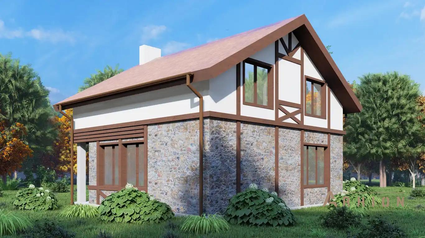 2. Проект одноэтажного дома в немецком стиле с двускатной кровлей, H-056, площадью - 90 кв c мансардой, сауной, терассой