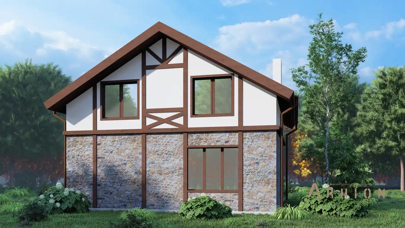 5. Проект одноэтажного дома в немецком стиле с двускатной кровлей, H-056, площадью - 90 кв c мансардой, сауной, терассой