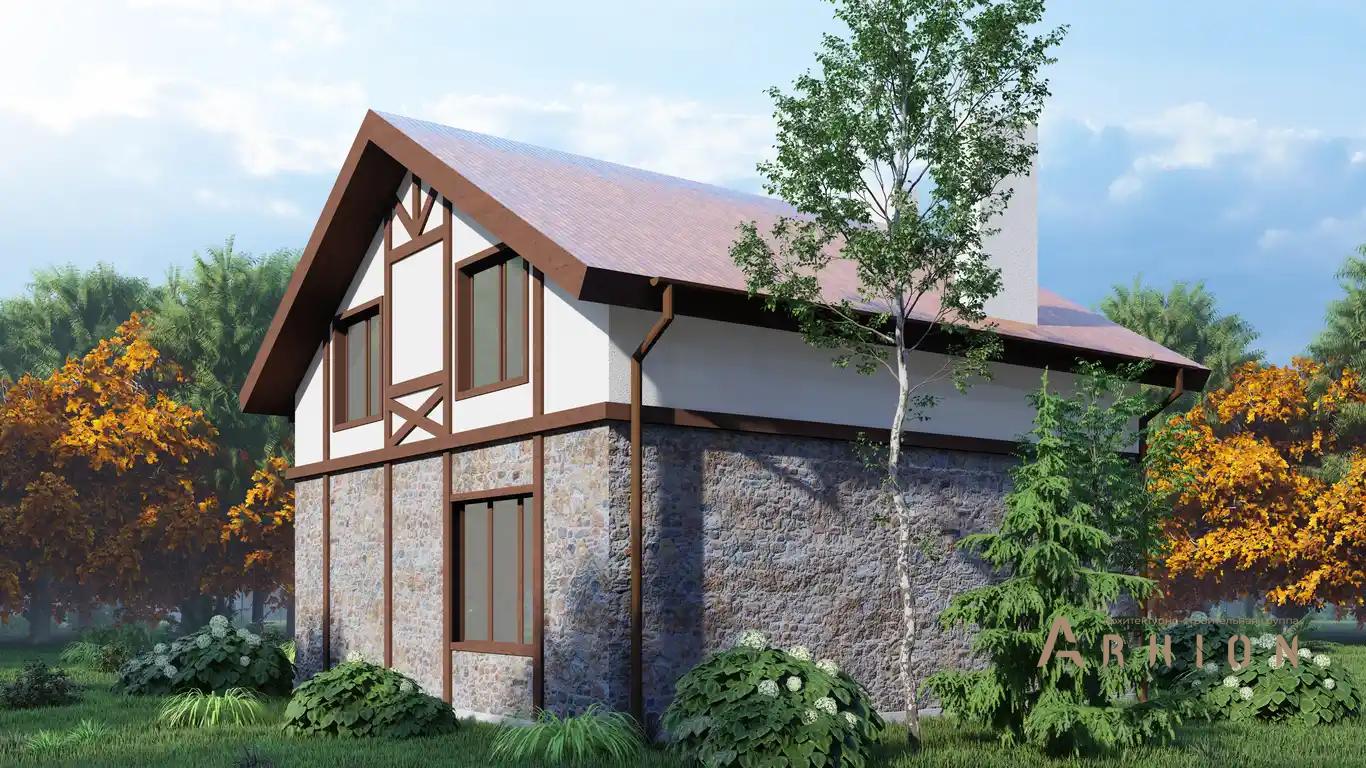 4. Проект одноэтажного дома в немецком стиле с двускатной кровлей, H-056, площадью - 90 кв c мансардой, сауной, терассой