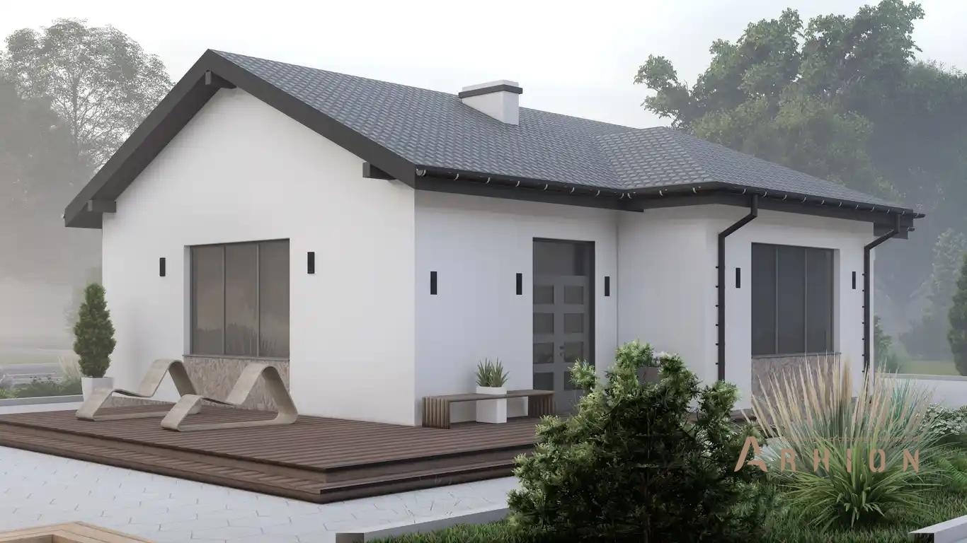 4. Проект одноэтажного дома в европейском стиле с двускатной кровлей, H-062, площадью - 97 кв c терассой