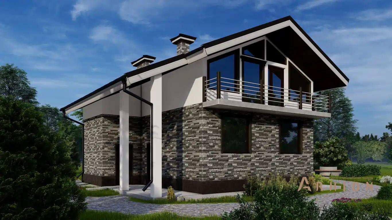 1. Проект одноэтажного дома в современном стиле с двускатной кровлей, H-065, площадью - 103 кв c мансардой, терассой, балконом