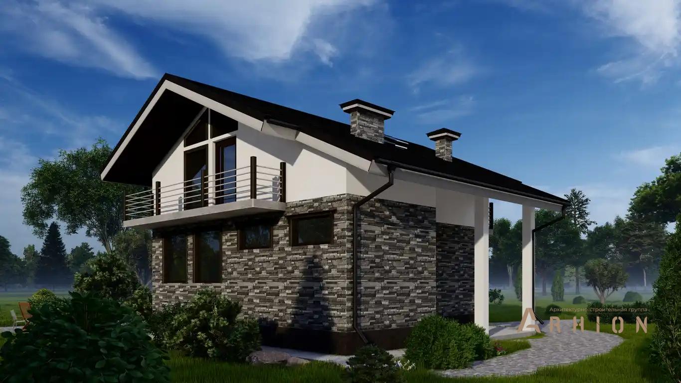 6. Проект одноэтажного дома в современном стиле с двускатной кровлей, H-065, площадью - 103 кв c мансардой, терассой, балконом