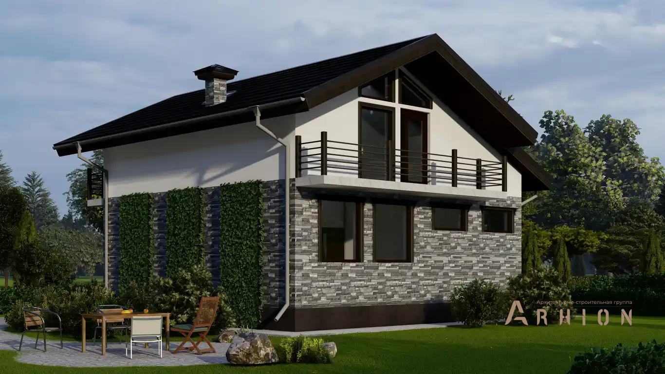 4. Проект одноэтажного дома в современном стиле с двускатной кровлей, H-065, площадью - 103 кв c мансардой, терассой, балконом