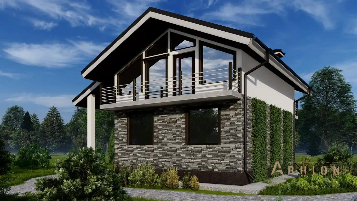 2. Проект одноэтажного дома в современном стиле с двускатной кровлей, H-065, площадью - 103 кв c мансардой, терассой, балконом