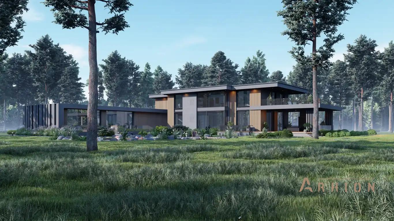 7. Проект двухэтажного дома в стиле хай-тек с плоской кровлей , H-067, площадью - 714 кв c сауной, терассой, балконом, гаражом, бассейном