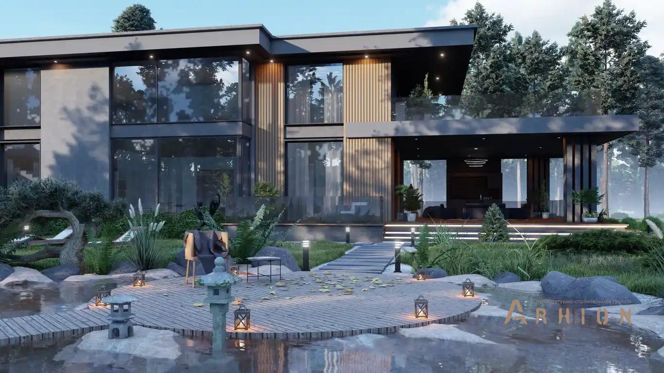 6. Проект двухэтажного дома в стиле хай-тек с плоской кровлей , H-067, площадью - 714 кв c сауной, терассой, балконом, гаражом, бассейном