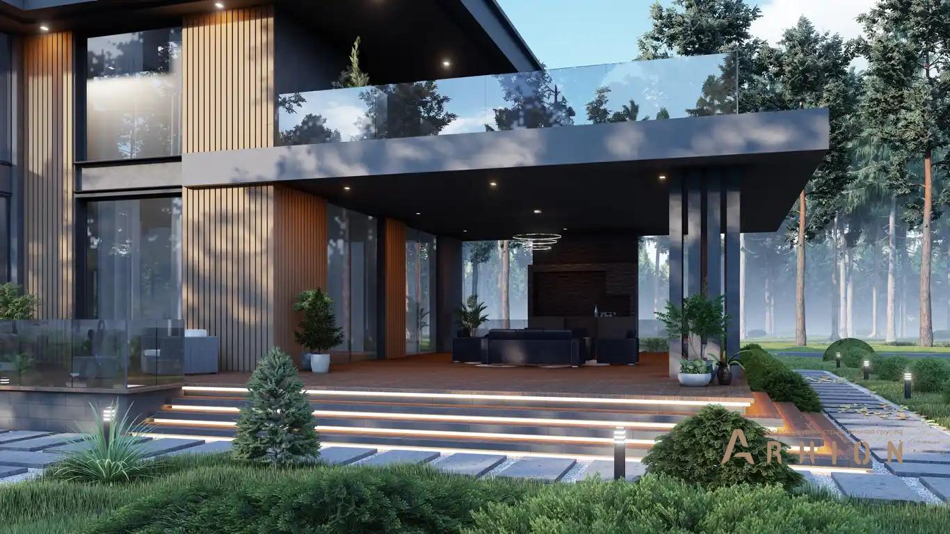 3. Проект двухэтажного дома в стиле хай-тек с плоской кровлей , H-067, площадью - 714 кв c сауной, терассой, балконом, гаражом, бассейном