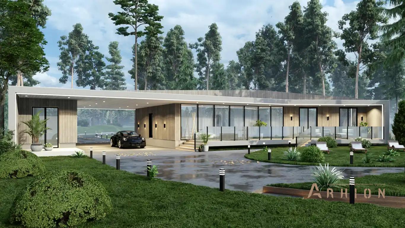 7. Проект одноэтажного дома в стиле хай-тек с плоской кровлей , H-072, площадью - 259 кв c терассой, гаражом