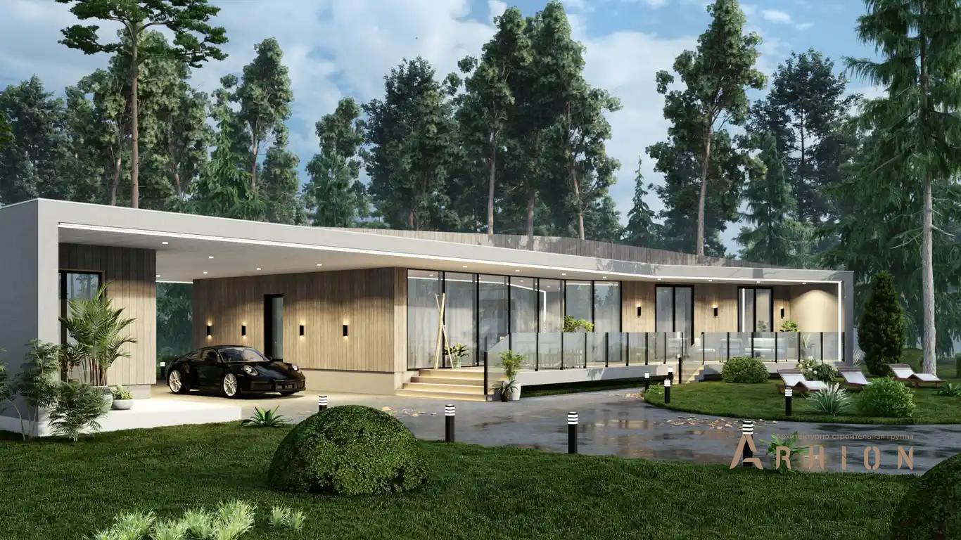 6. Проект одноэтажного дома в стиле хай-тек с плоской кровлей , H-072, площадью - 259 кв c терассой, гаражом