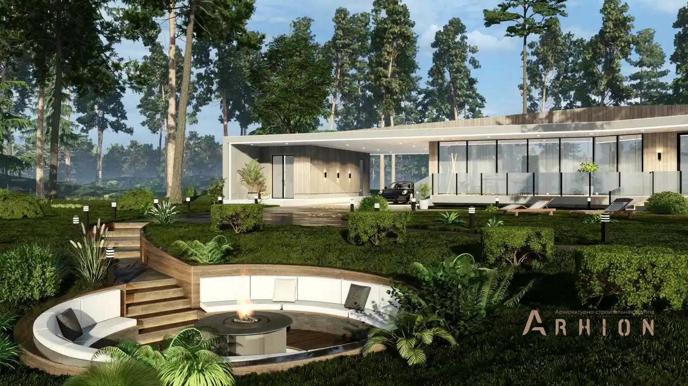 2. Проект одноэтажного дома в стиле хай-тек с плоской кровлей , H-072, площадью - 259 кв c терассой, гаражом