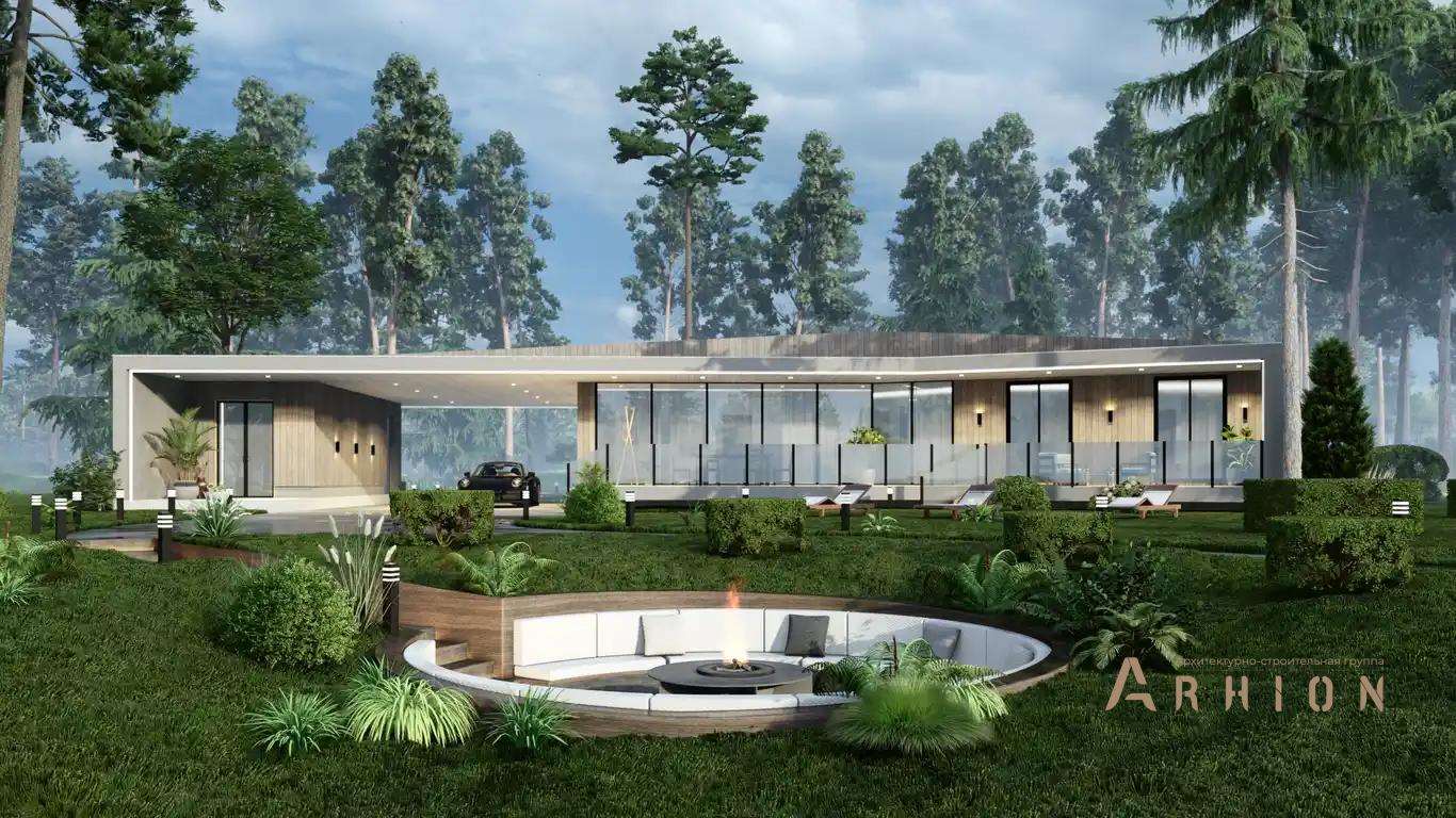 5. Проект одноэтажного дома в стиле хай-тек с плоской кровлей , H-072, площадью - 259 кв c терассой, гаражом