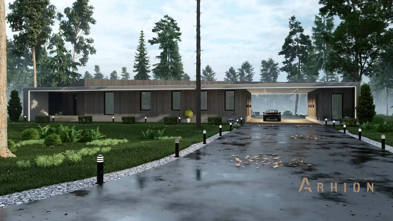 4. Проект одноэтажного дома в стиле хай-тек с плоской кровлей , H-072, площадью - 259 кв c терассой, гаражом