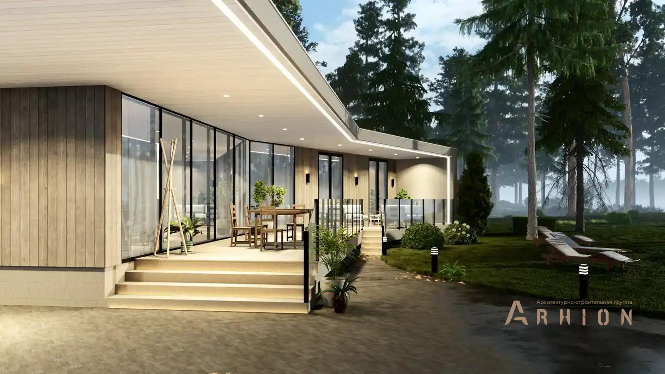 3. Проект одноэтажного дома в стиле хай-тек с плоской кровлей , H-072, площадью - 259 кв c терассой, гаражом