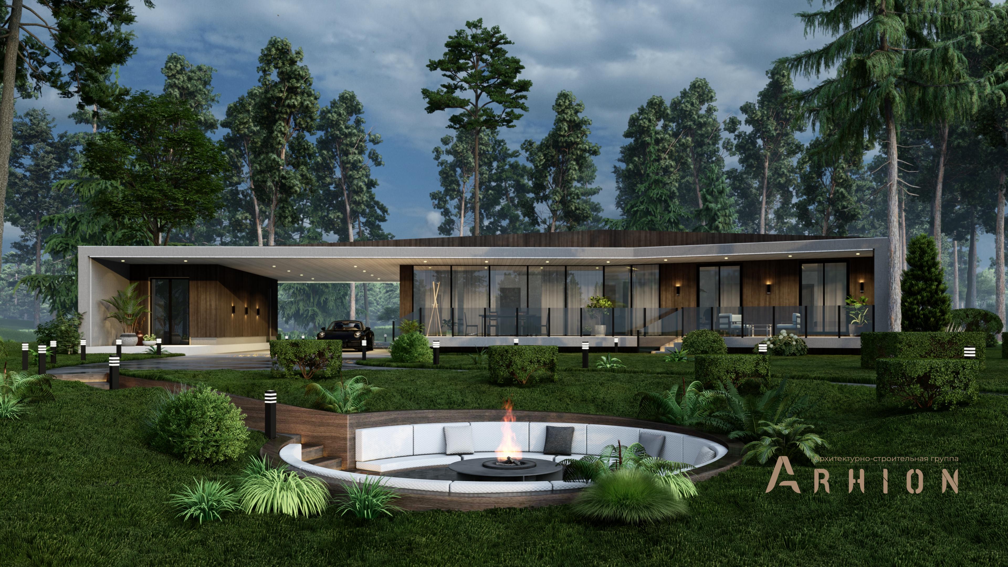 1. Проект одноэтажного дома в стиле хай-тек с плоской кровлей , H-072, площадью - 259 кв c терассой, гаражом