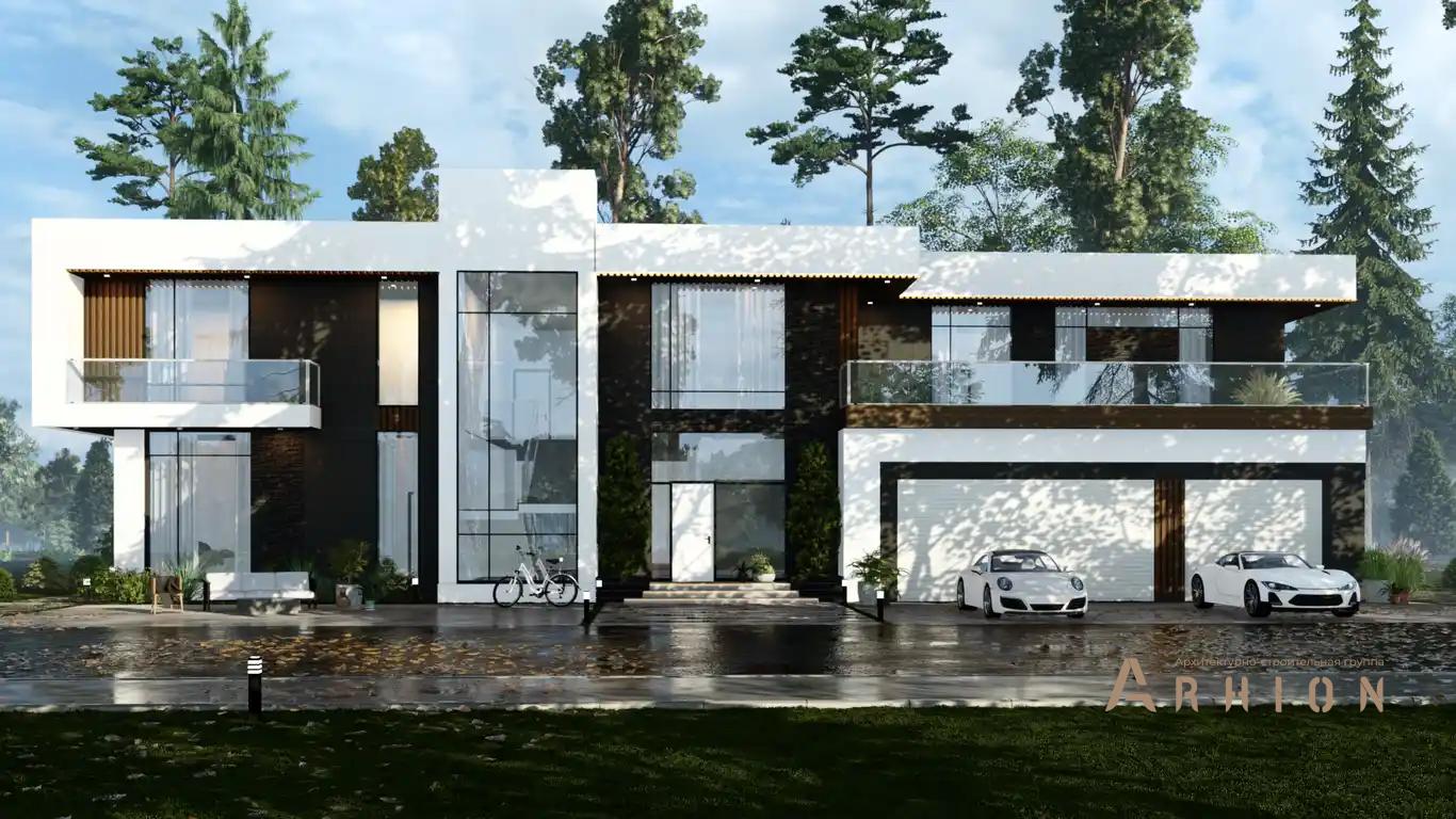 1. Проект двухэтажного дома в стиле хай-тек с плоской кровлей , H-075, площадью - 478 кв c терассой, балконом, гаражом