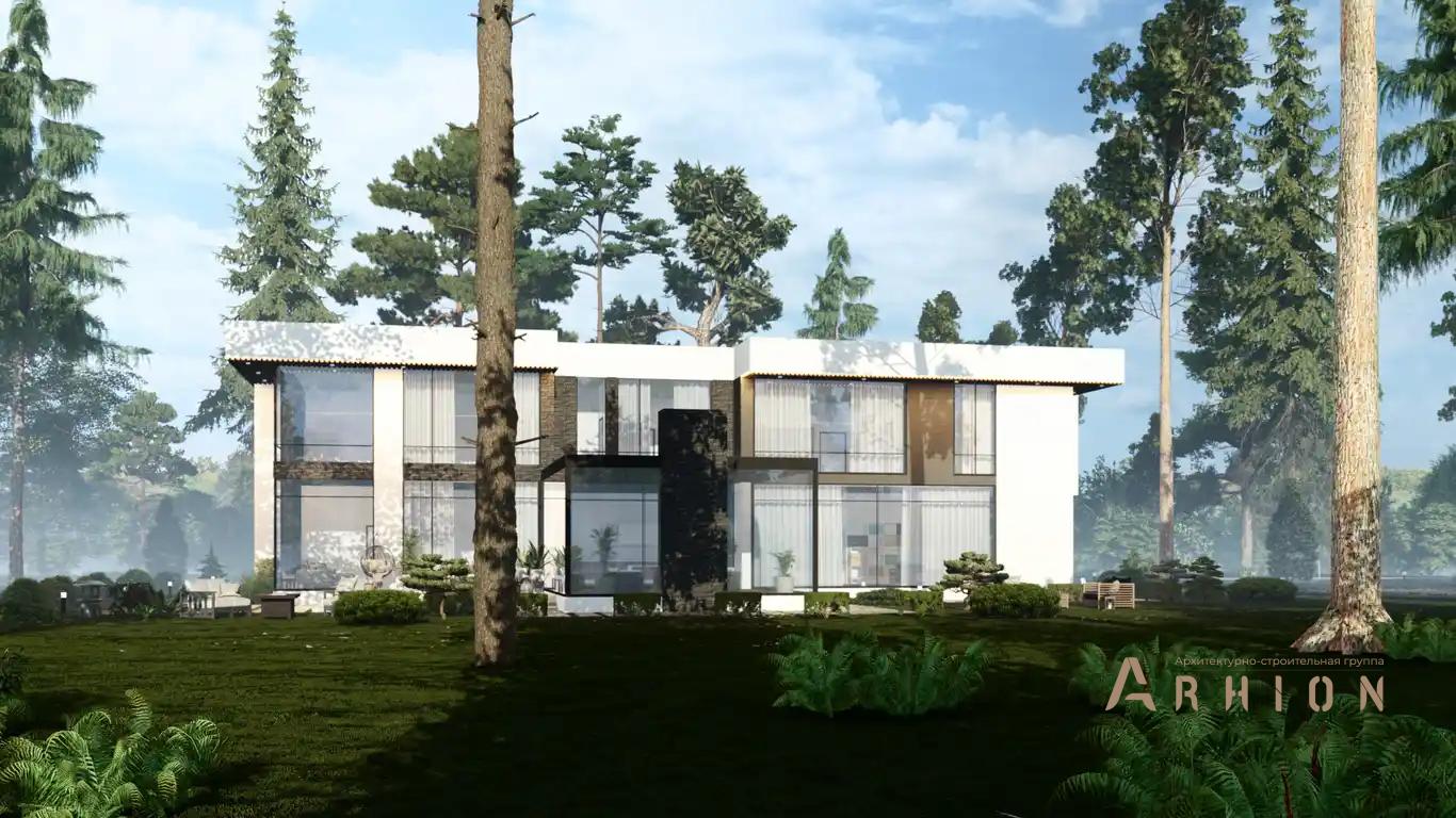 2. Проект двухэтажного дома в стиле хай-тек с плоской кровлей , H-075, площадью - 478 кв c терассой, балконом, гаражом