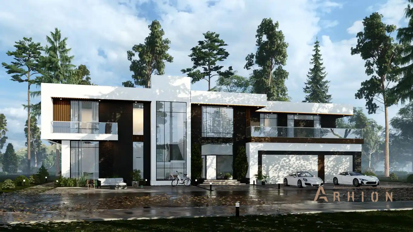 9. Проект двухэтажного дома в стиле хай-тек с плоской кровлей , H-075, площадью - 478 кв c терассой, балконом, гаражом