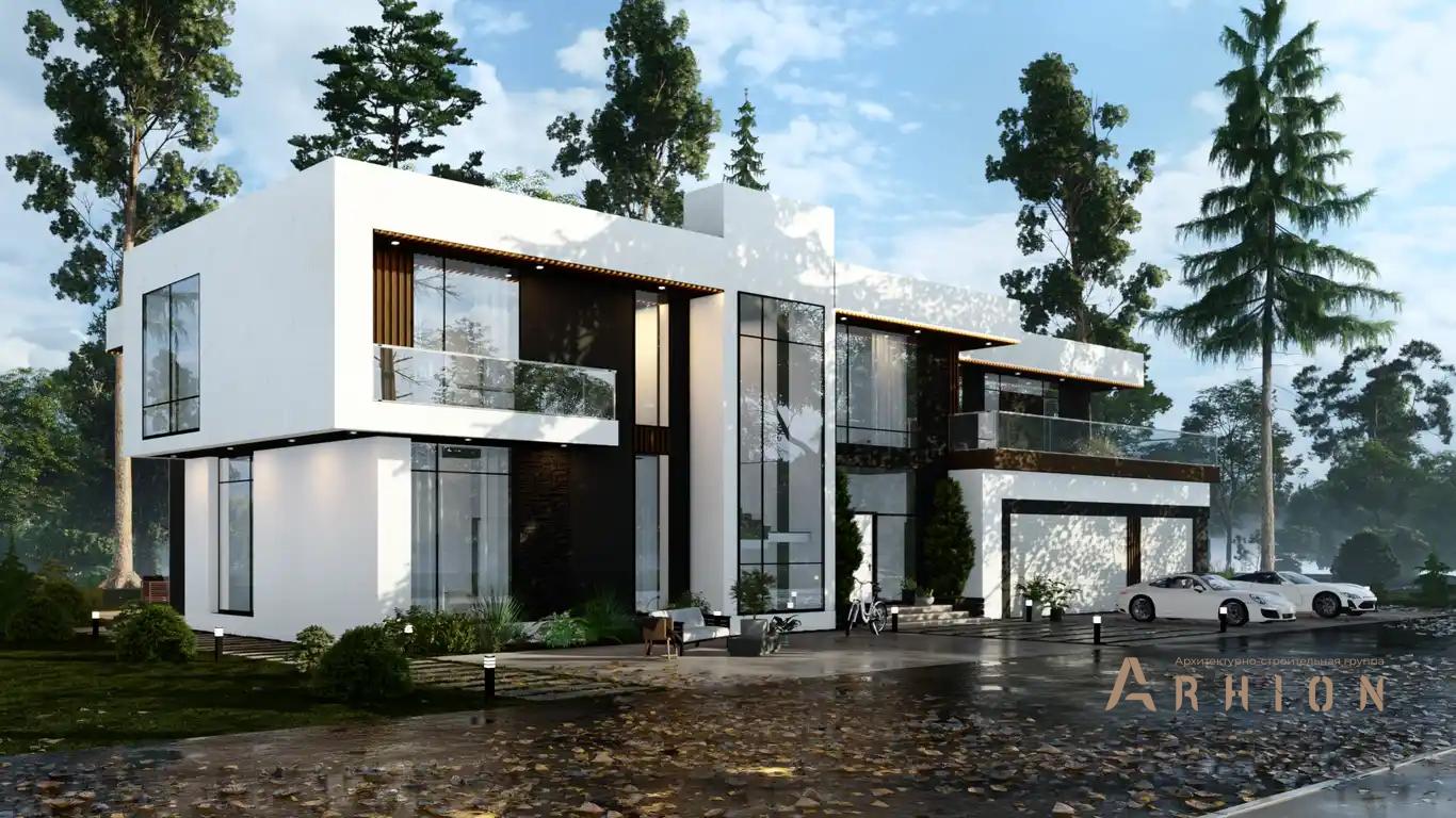 7. Проект двухэтажного дома в стиле хай-тек с плоской кровлей , H-075, площадью - 478 кв c терассой, балконом, гаражом