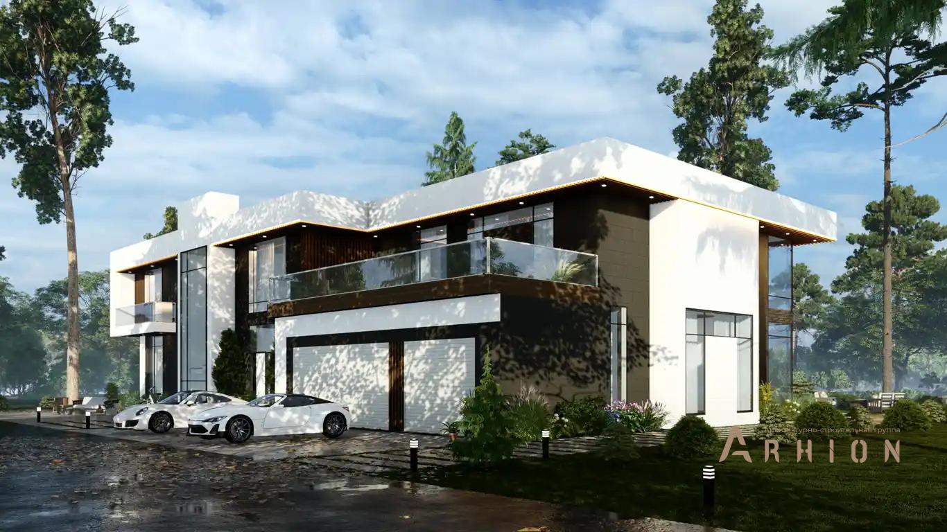 6. Проект двухэтажного дома в стиле хай-тек с плоской кровлей , H-075, площадью - 478 кв c терассой, балконом, гаражом