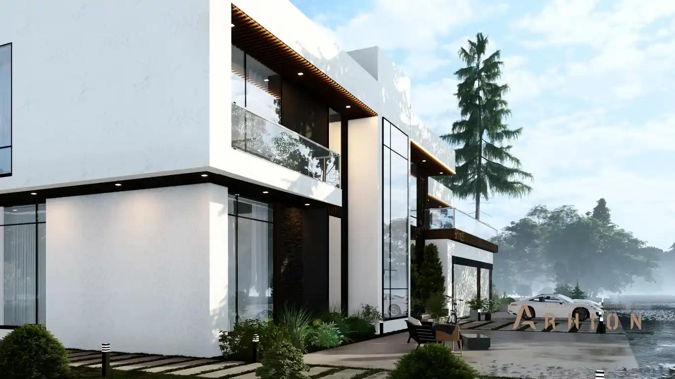 5. Проект двухэтажного дома в стиле хай-тек с плоской кровлей , H-075, площадью - 478 кв c терассой, балконом, гаражом