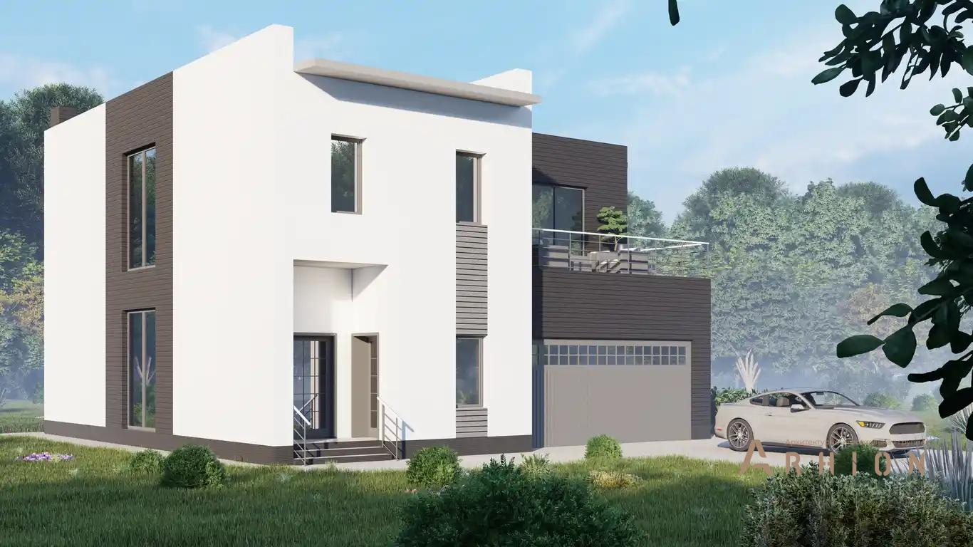 5. Проект двухэтажного дома в стиле хай-тек с плоской кровлей , H-076, площадью - 240 кв c балконом, гаражом