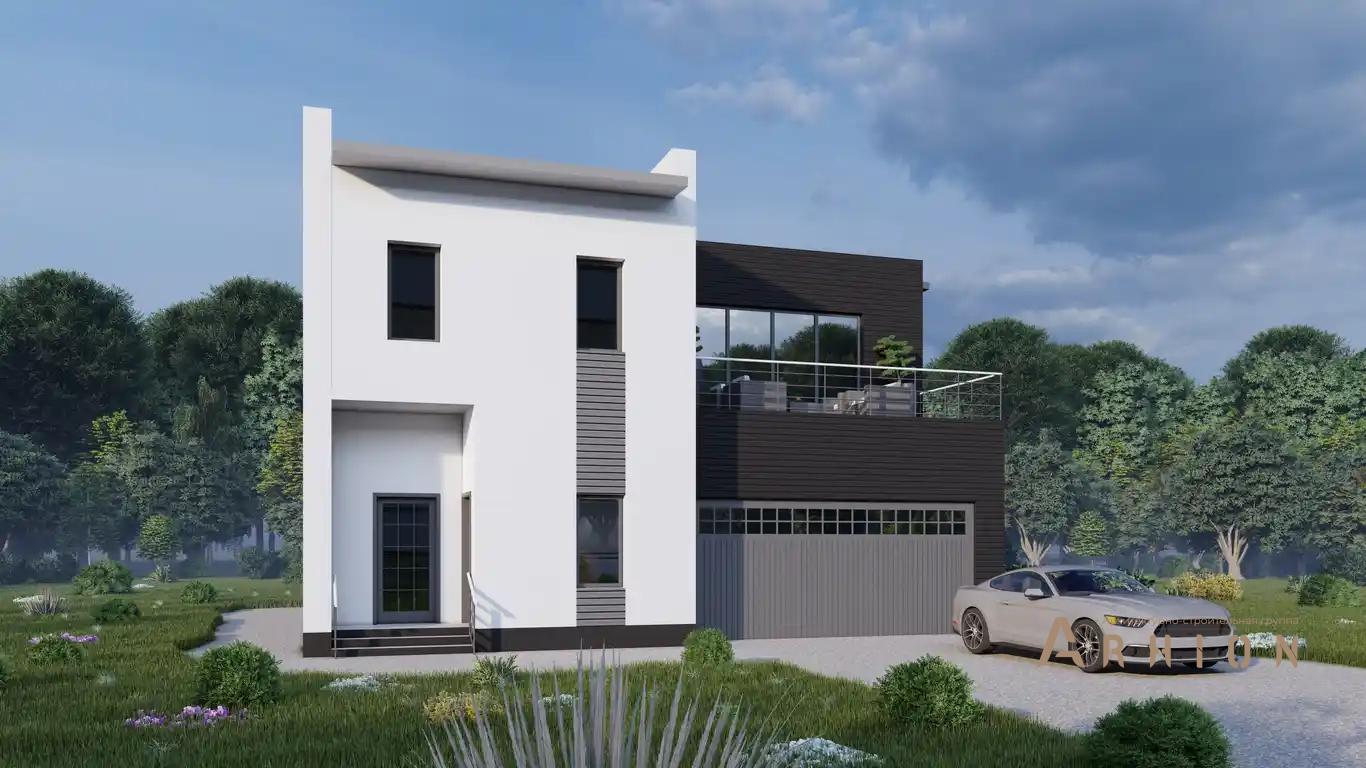 7. Проект двухэтажного дома в стиле хай-тек с плоской кровлей , H-076, площадью - 240 кв c балконом, гаражом