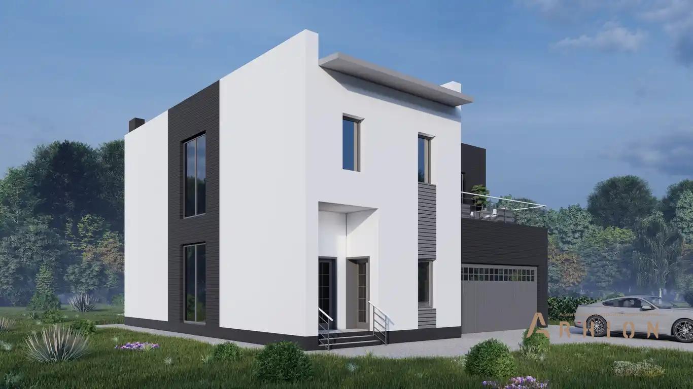 4. Проект двухэтажного дома в стиле хай-тек с плоской кровлей , H-076, площадью - 240 кв c балконом, гаражом