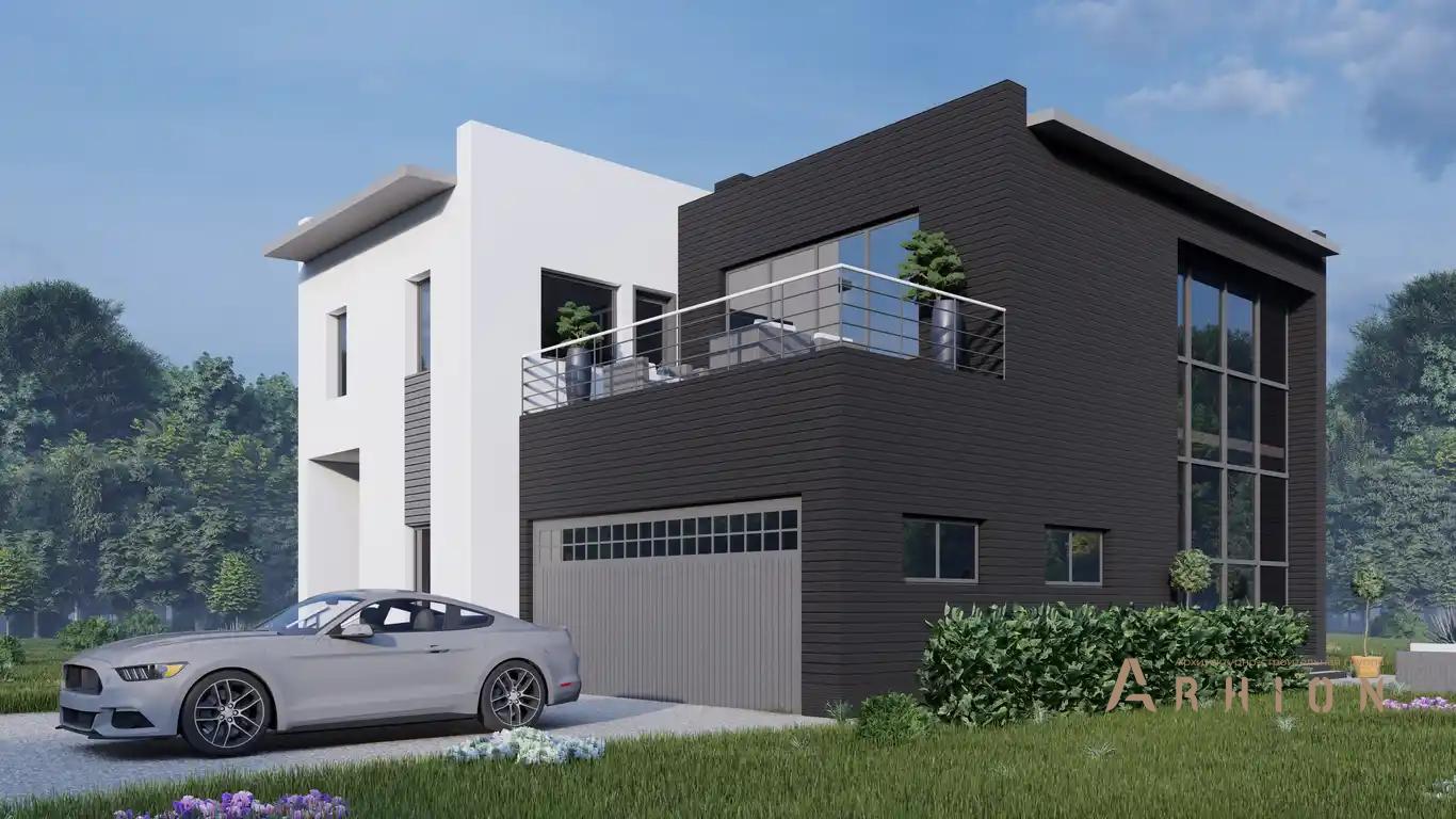 1. Проект двухэтажного дома в стиле хай-тек с плоской кровлей , H-076, площадью - 240 кв c балконом, гаражом