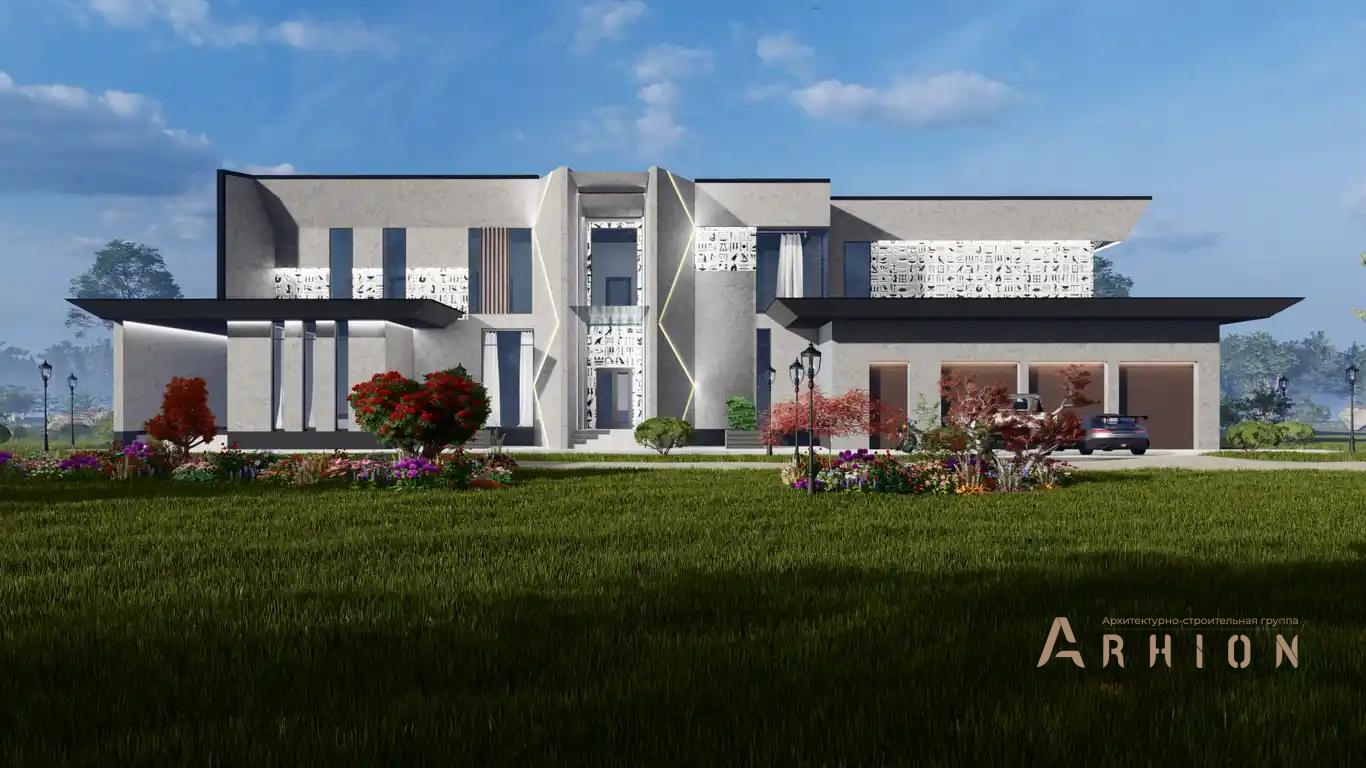 1. Проект двухэтажного дома в стиле хай-тек с плоской кровлей , H-077, площадью - 540 кв c терассой, балконом, гаражом, бассейном