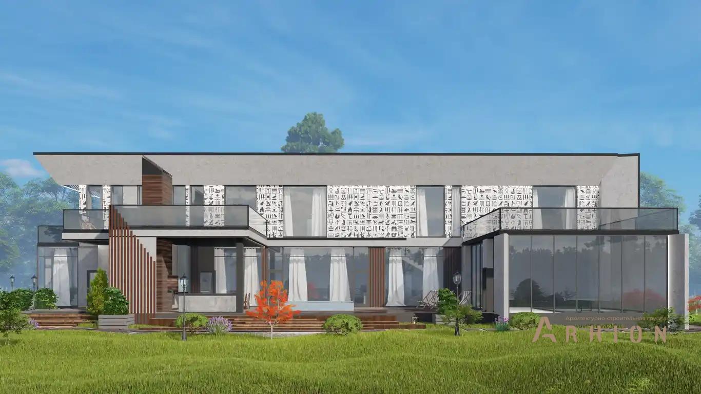 7. Проект двухэтажного дома в стиле хай-тек с плоской кровлей , H-077, площадью - 540 кв c терассой, балконом, гаражом, бассейном