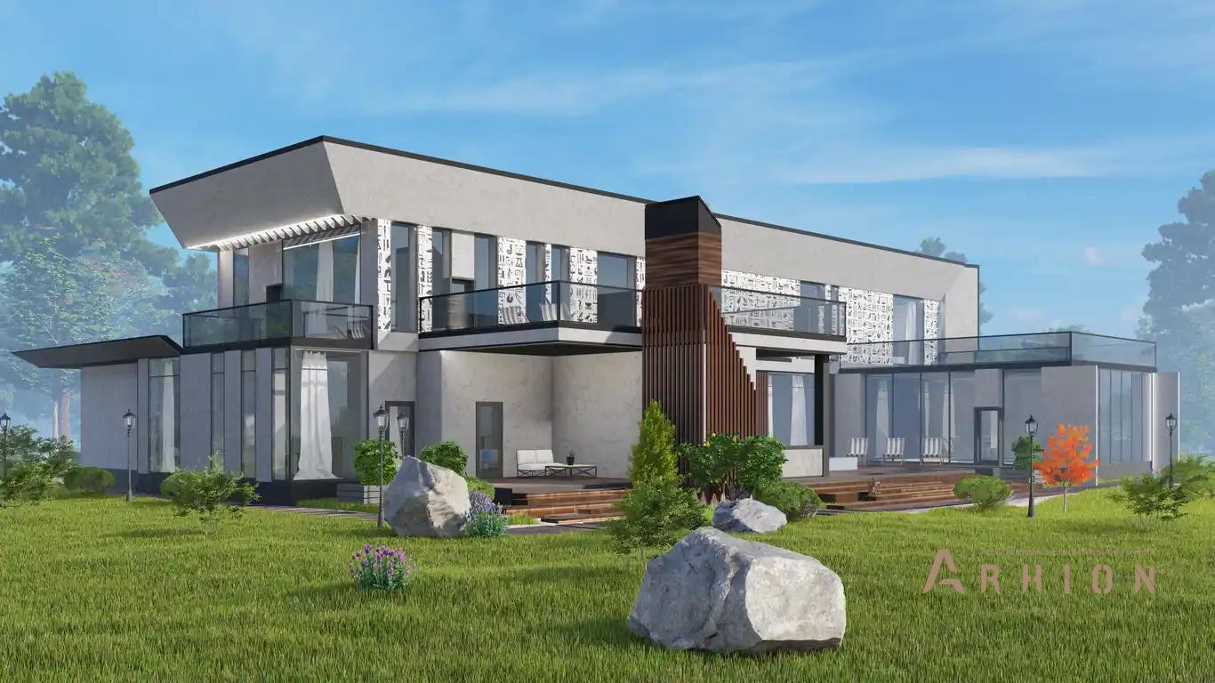 6. Проект двухэтажного дома в стиле хай-тек с плоской кровлей , H-077, площадью - 540 кв c терассой, балконом, гаражом, бассейном