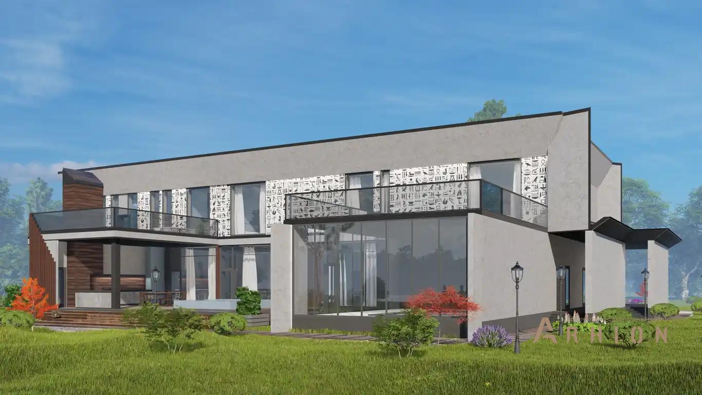 5. Проект двухэтажного дома в стиле хай-тек с плоской кровлей , H-077, площадью - 540 кв c терассой, балконом, гаражом, бассейном