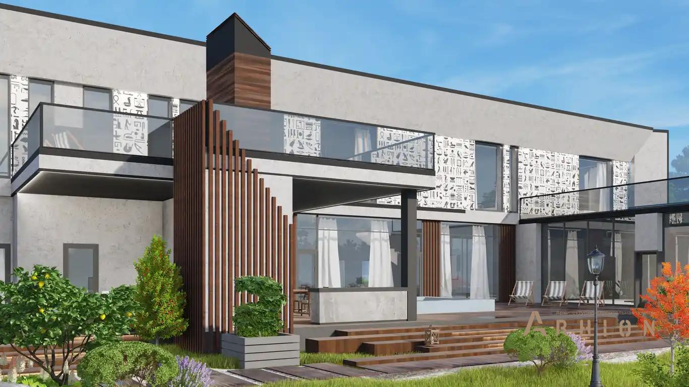 4. Проект двухэтажного дома в стиле хай-тек с плоской кровлей , H-077, площадью - 540 кв c терассой, балконом, гаражом, бассейном