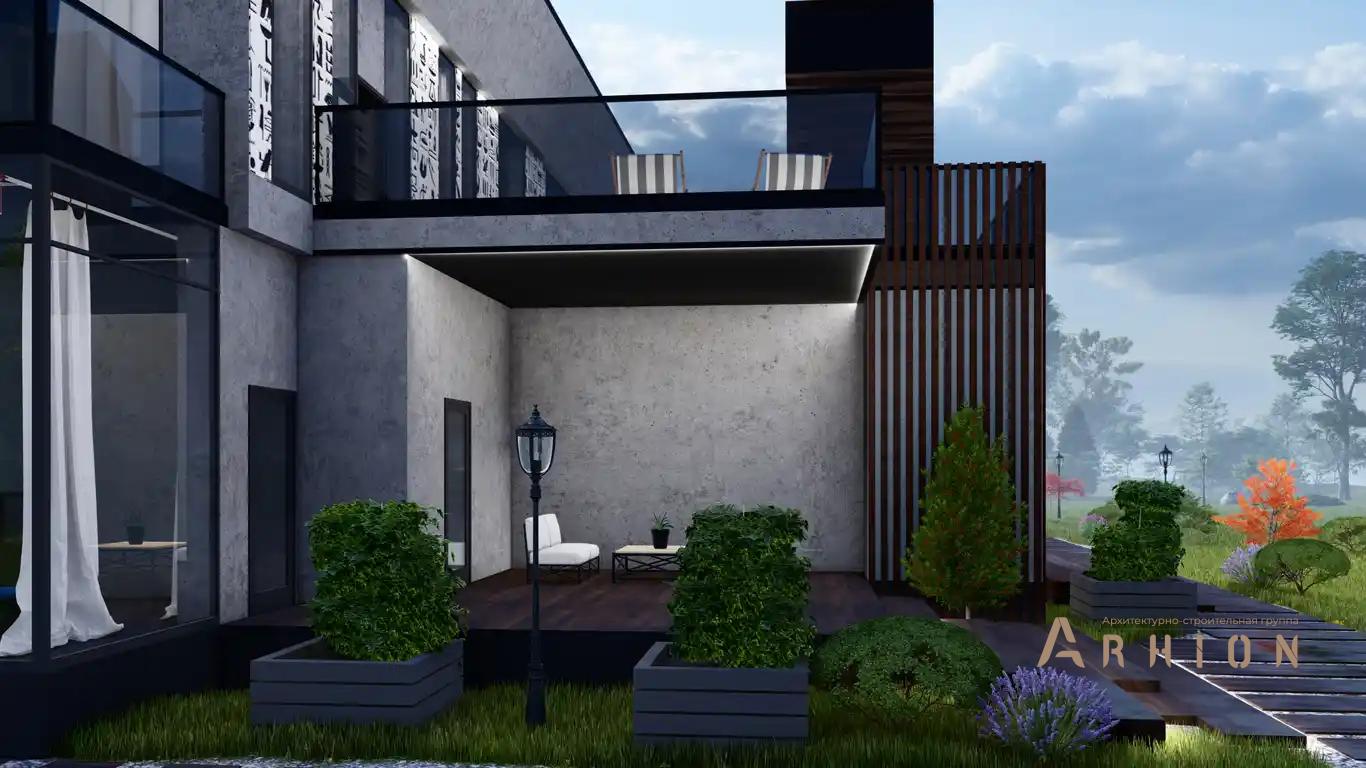 2. Проект двухэтажного дома в стиле хай-тек с плоской кровлей , H-077, площадью - 540 кв c терассой, балконом, гаражом, бассейном