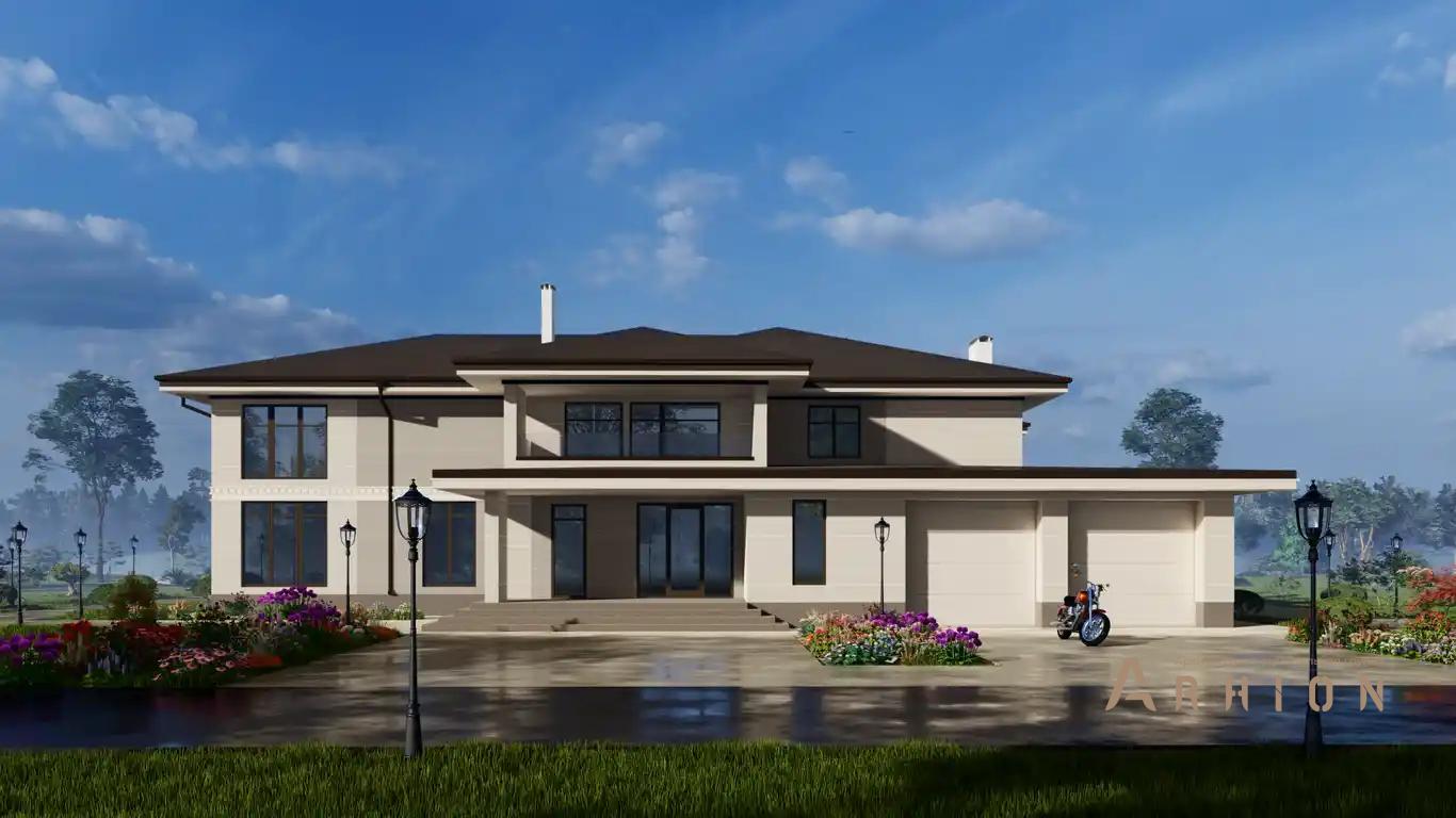 1. Проект двухэтажного дома в современном стиле с многоскатной кровлей, H-078, площадью - 457 кв c терассой, балконом, гаражом, вторым светом