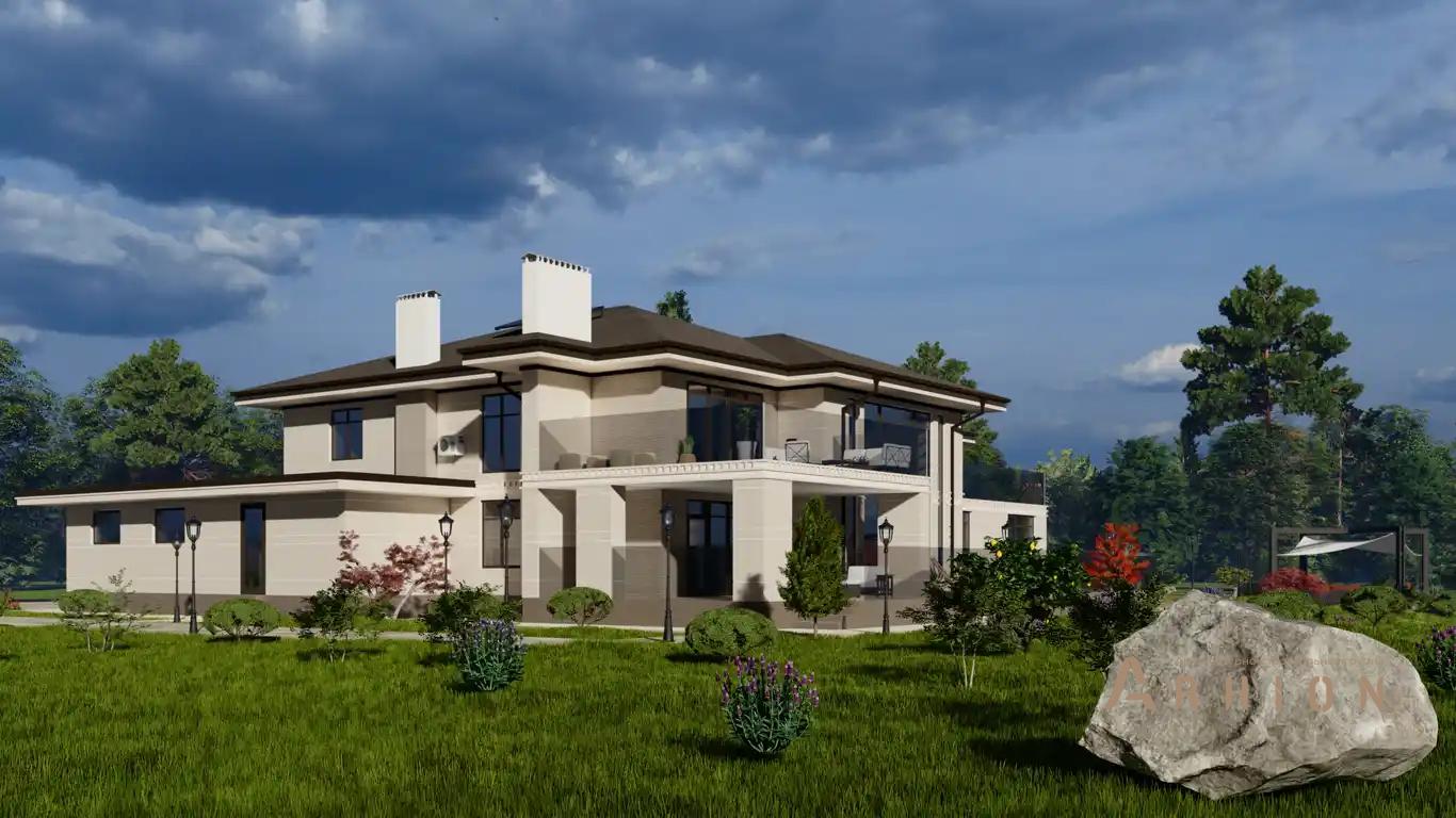 8. Проект двухэтажного дома в современном стиле с многоскатной кровлей, H-078, площадью - 457 кв c терассой, балконом, гаражом, вторым светом