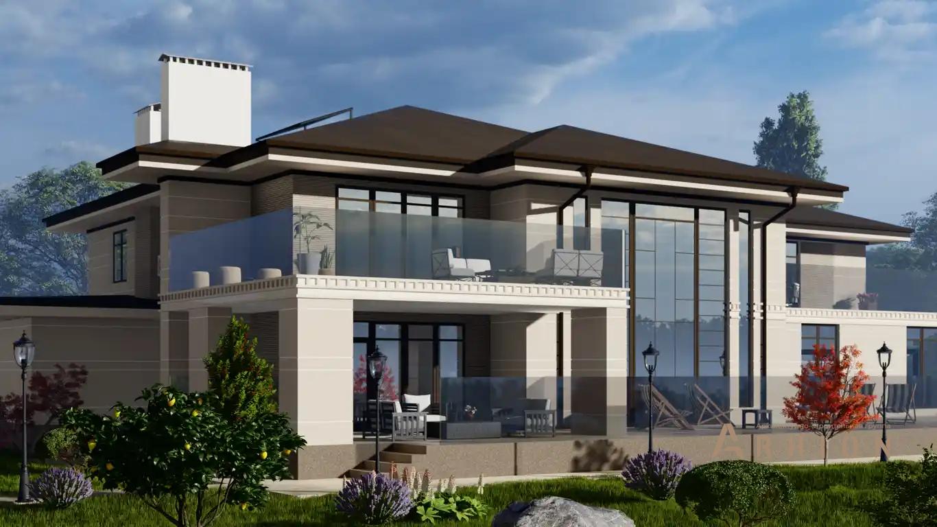 7. Проект двухэтажного дома в современном стиле с многоскатной кровлей, H-078, площадью - 457 кв c терассой, балконом, гаражом, вторым светом