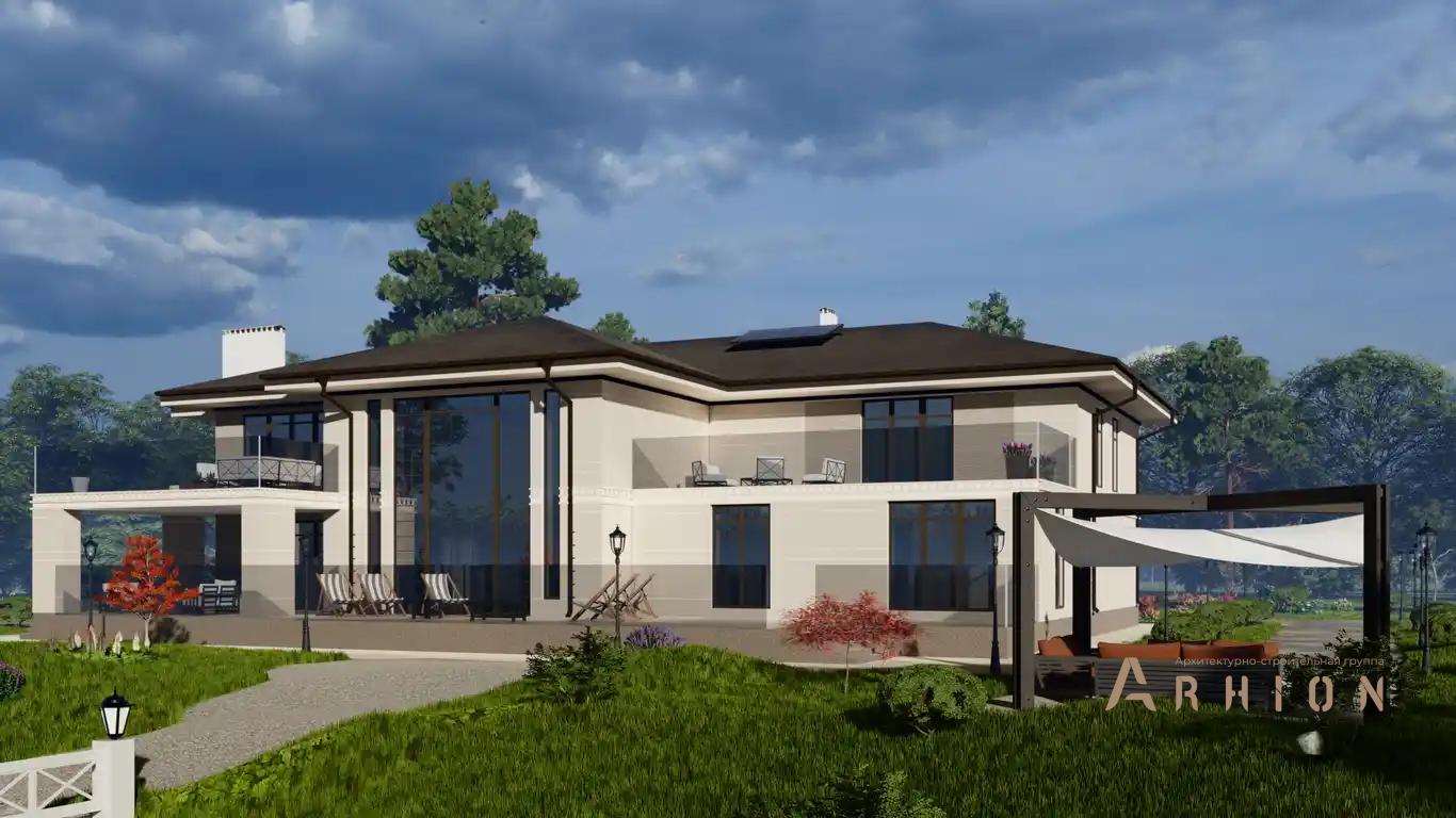 6. Проект двухэтажного дома в современном стиле с многоскатной кровлей, H-078, площадью - 457 кв c терассой, балконом, гаражом, вторым светом