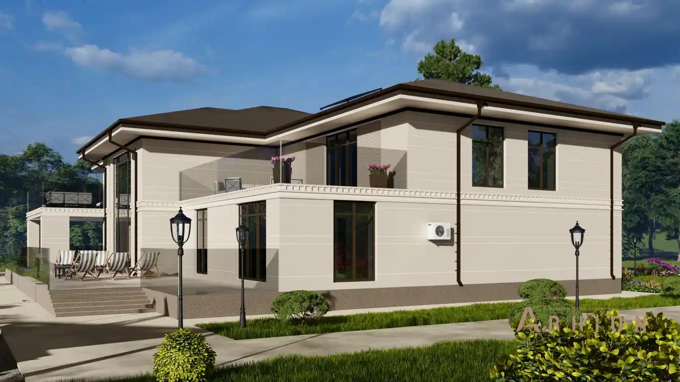 2. Проект двухэтажного дома в современном стиле с многоскатной кровлей, H-078, площадью - 457 кв c терассой, балконом, гаражом, вторым светом