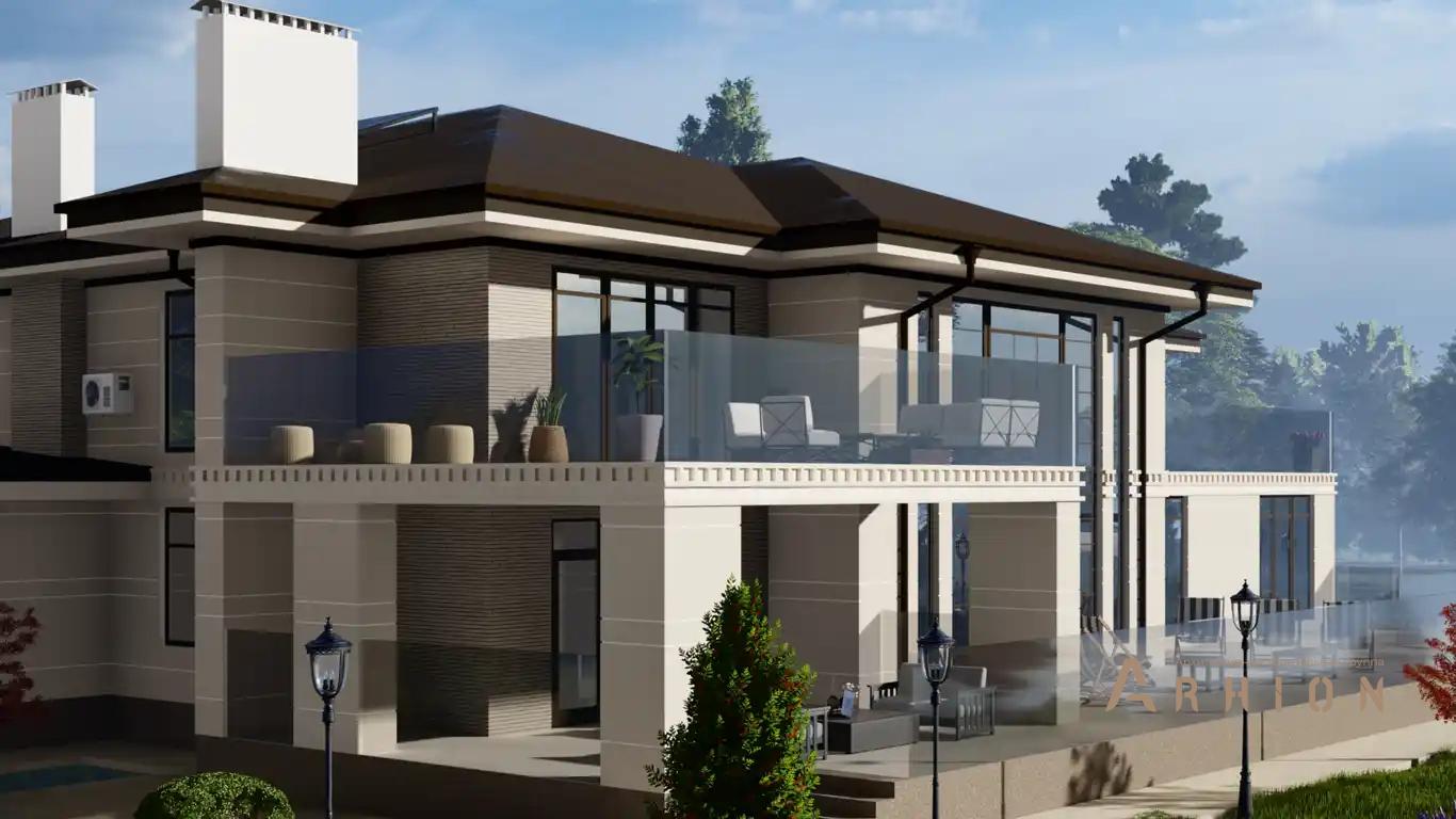 3. Проект двухэтажного дома в современном стиле с многоскатной кровлей, H-078, площадью - 457 кв c терассой, балконом, гаражом, вторым светом