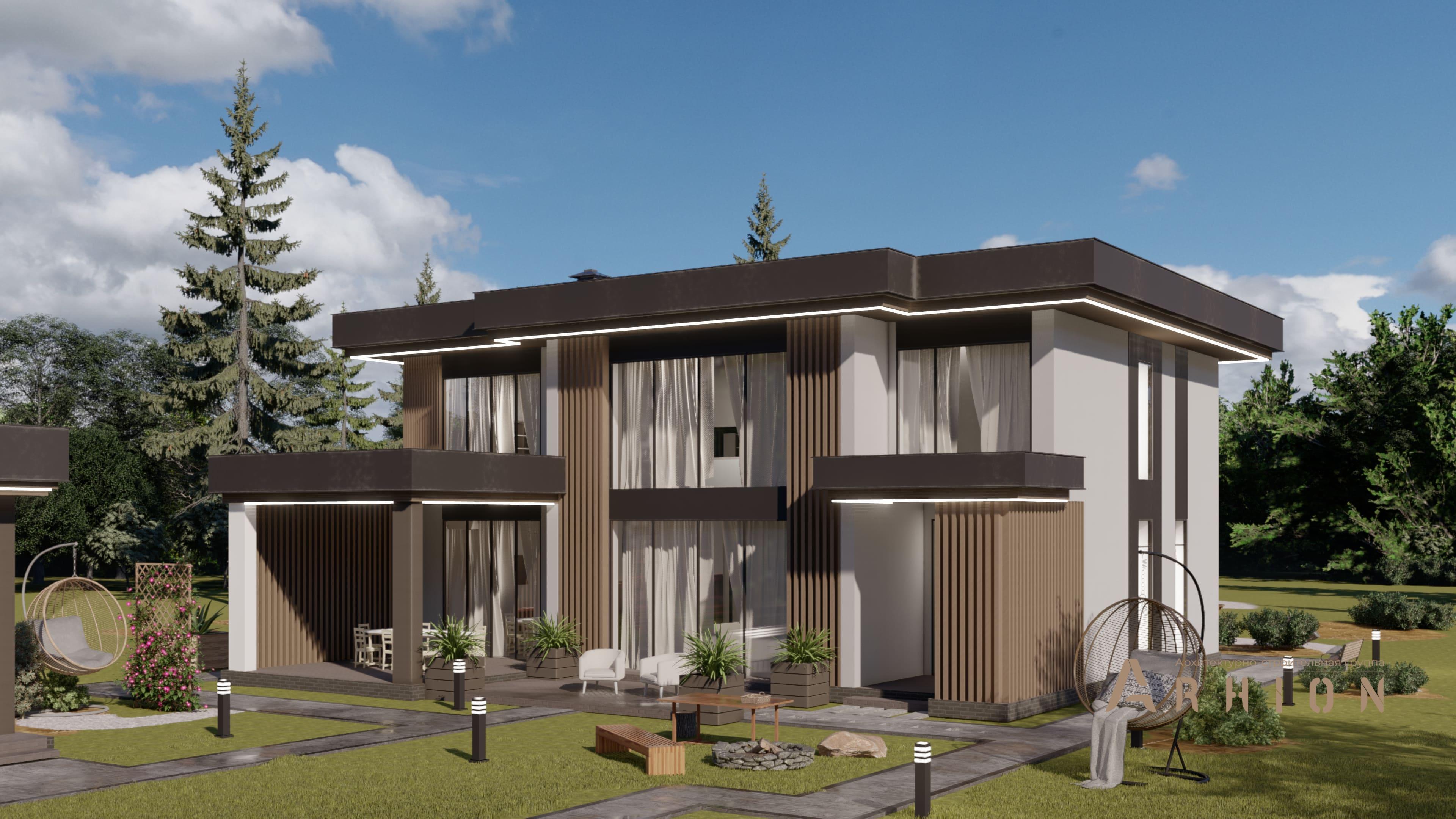 1. Проект двухэтажного дома в стиле хай-тек с плоской кровлей , H-079, площадью - 325 кв c терассой, балконом, гаражом