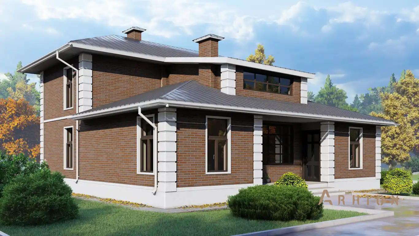 2. Проект двухэтажного дома в европейском стиле с четырехскатной, H-100, площадью - 162 кв c терассой, балконом