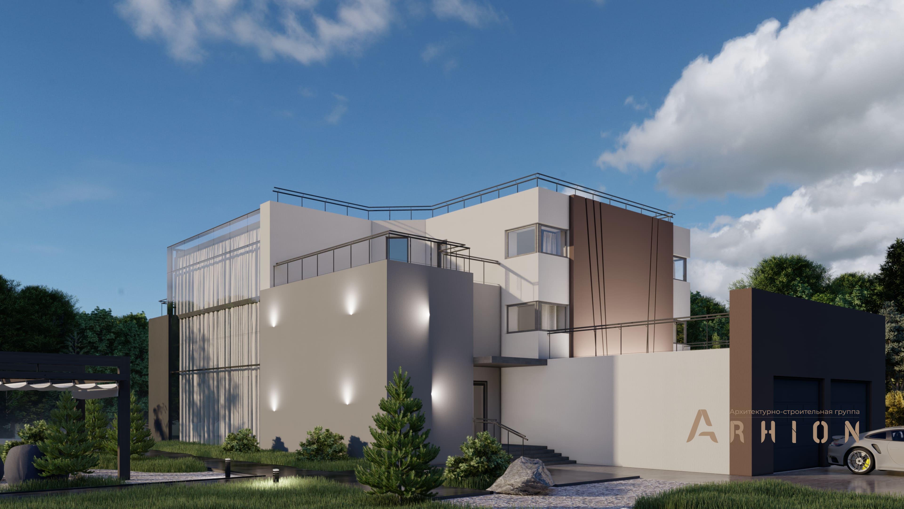 7. Проект двухэтажного дома в стиле хай-тек с плоской кровлей , H-102, площадью - 721 кв c цокольным этажом, терассой, балконом, гаражом